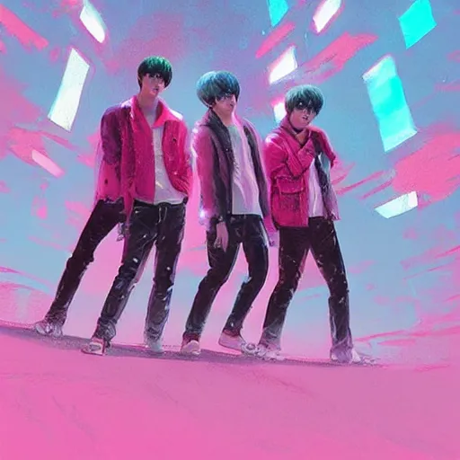 Image similar to “ a portrait of bts band, rainy background, pink bright art masterpiece artstation. 8 k, sharp high quality artwork in style of jose daniel cabrera pena and greg rutkowski, concept art by tooth wu, hearthstone card game artwork. ”