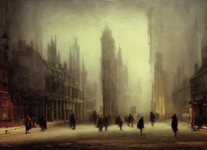 Image similar to 1 9 th century london, art by caspar david friedrich, thomas lawrence, john martin, dark, shady alleys, pub, pub sign, floor fog, coherent composition,