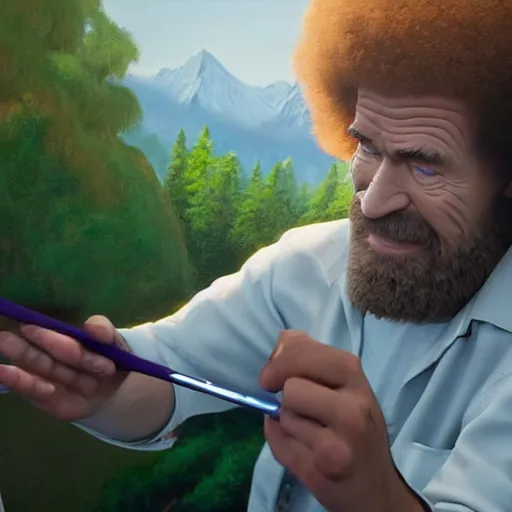 Image similar to a closeup photorealistic photograph of bob ross working on a canvas painting of spiderman. film still. brightly lit scene. mountains and trees. this 4 k hd image is trending on artstation, featured on behance, well - rendered, extra crisp, features intricate detail, epic composition and the style of unreal engine.