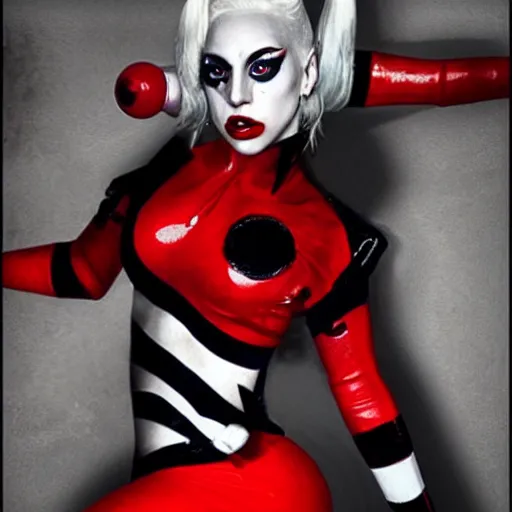 Image similar to photorealistic Lady Gaga as Harley Quinn