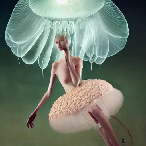 Image similar to a luminous jelly fish armor. soft. fragile. by ray caesar. by louise dahl - wolfe. by andrea kowch. surreal photography