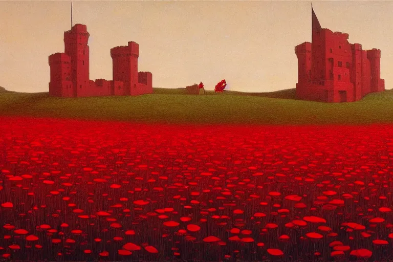 Image similar to only with red, red flowers of different types, a castle in the background, red giants rest over the flowers, in the style of beksinski, part by hopper, part by rodcenko, part by hofbauer, intricate composition, red by caravaggio, insanely quality, highly detailed, masterpiece, red light, artstation, 8 k