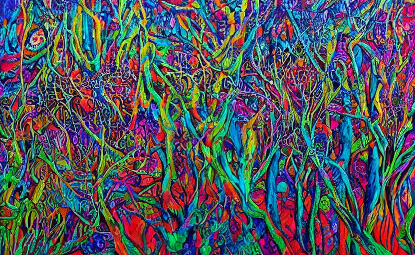 Image similar to psychedelic candy!!!!!!! forest by alexy grey, acrylic painting!!!, intricate details!!!!, fine brush!!!!!!