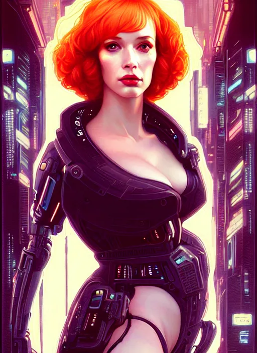 Image similar to symmetrical!! upper body!! bladerunner cyberpunk portrait of christina hendricks, beautiful face, highly detailed face!!!, extremely detailed!, digital painting, unreal engine 5, art by artgerm and greg rutkowski and alphonse mucha