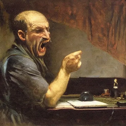 Image similar to an angry man yells at his computer monitor, oil on canvas, 1 8 8 3, highly detailed