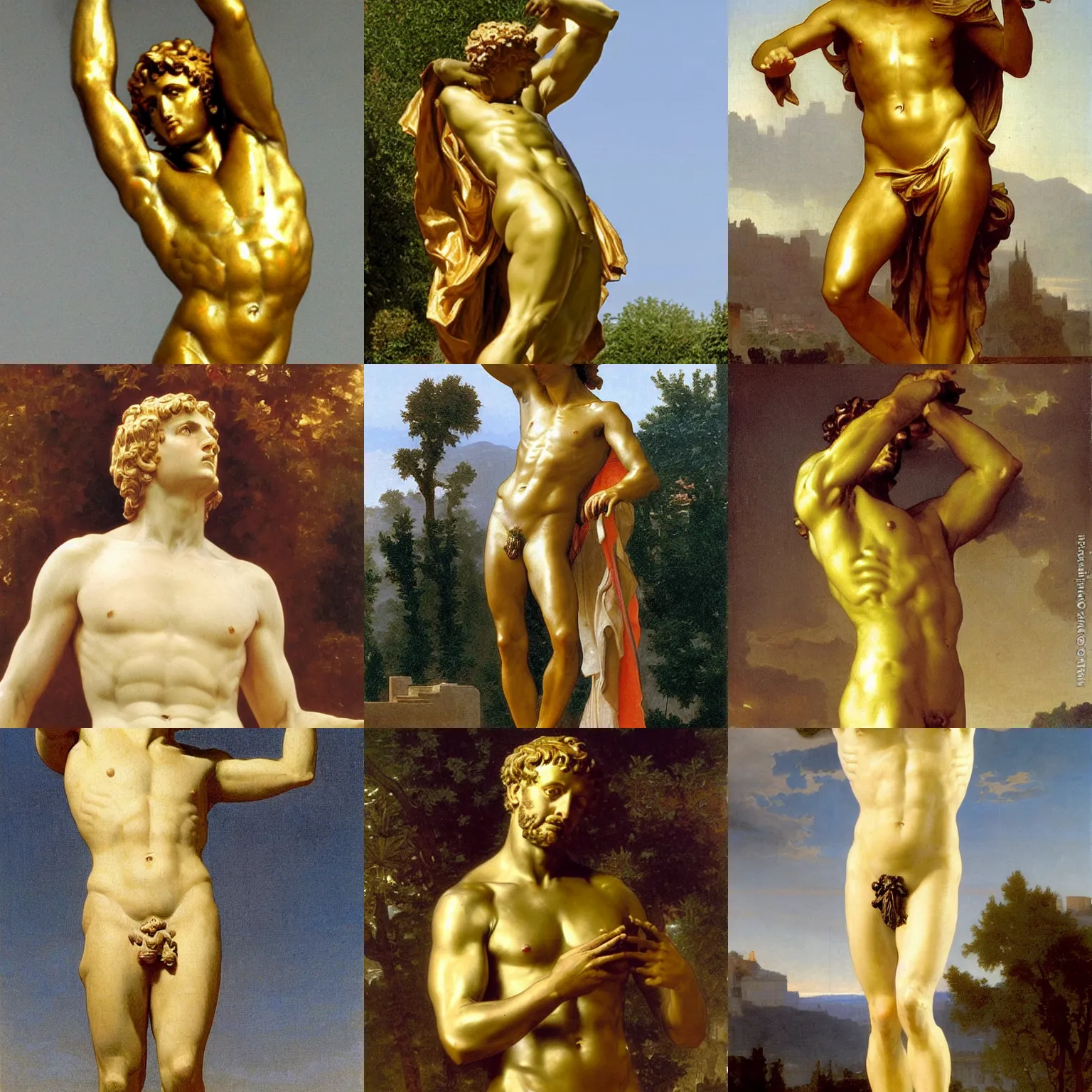 Prompt: golden roman statue of emmanuel macron, bouguereau
