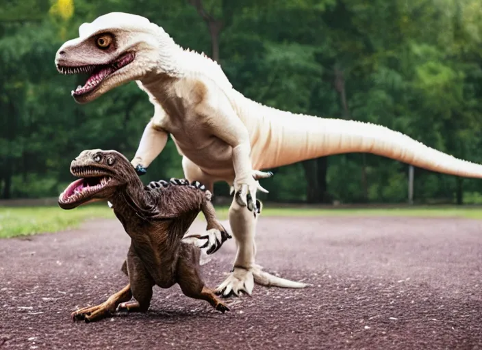 Image similar to photo of a dog playing with a velociraptor