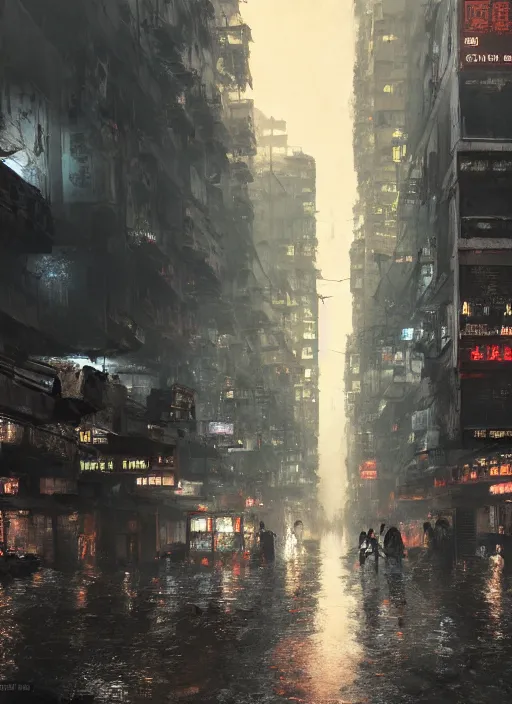 Prompt: dramatic Photorealistic, Matte Painting of a busy post apocalyptic deep flooded Hong Kong city street at night,dark Tall buildings by Greg Rutkowski,Craig Mullins,Hyperrealism,Beautiful dramatic moody lighting,Cinematic Atmosphere,volumetric,Octane Rendering,8K