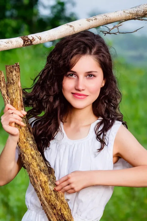 Image similar to a middle-school girl with unkempt wavy short brown hair wearing a white dress and holding a bundle of firewood, high resolution film still, 8k, HDR color, short hair, round face, dimples, beautiful gazing eyes