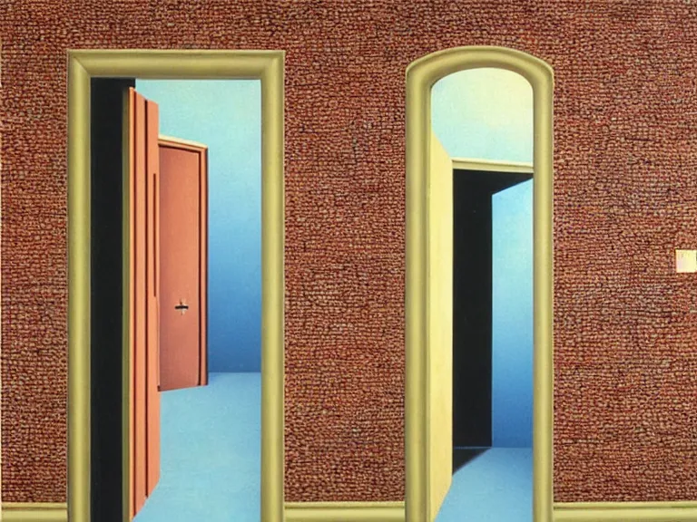 Image similar to an open door to infinity in brick wall with endless hallway inside the door, painting by rene magritte, centered, high detail!!!, high resolution!!!