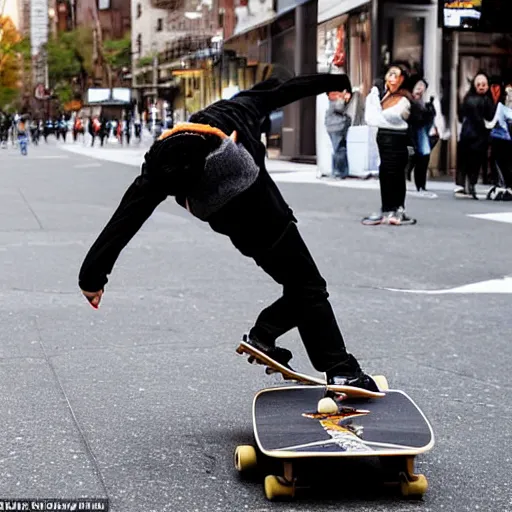 Prompt: a happy shiba inu performs a perfect kick flip on his skateboard in new york city whilst a crowd watches, beautiful photograph