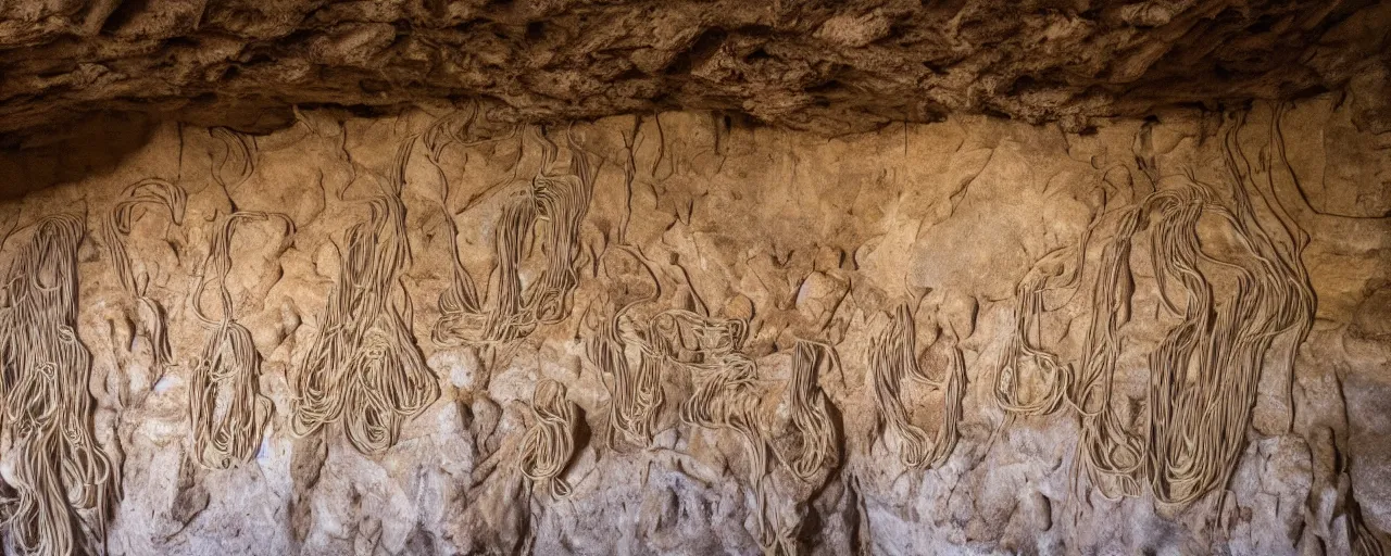 Image similar to wide shot paintings on a cave wall that feature spaghetti, archaic, fine detail
