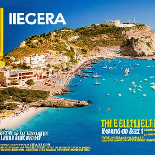 Image similar to a poster for a holiday in ibiza, where the island is damaged due to global heating