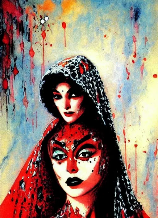 Image similar to portrait of svelt iranian vampiress, jeweled veil, strong line, saturated color, beautiful! coherent! by frank frazetta, high contrast, blood splatter background