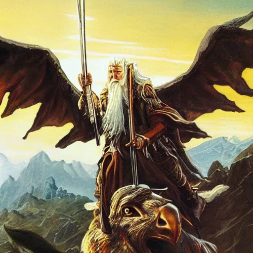 Image similar to Gandalf Riding on the Back of the Giant Golden Eagle Gwaihir, Epic Fantasy Painting from Lord of the Rings