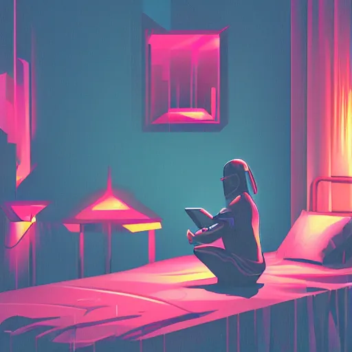 Prompt: a guy sitting on a bed in a room, cyberpunk art by Victor Mosquera, behance contest winner, panfuturism, darksynth, synthwave, retrowave