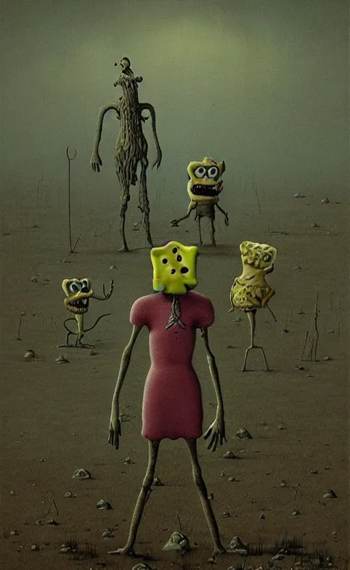 Image similar to spongebob squarepants in style of zdzisław beksinski, standing in wasteland, horror art, creepy, desolate