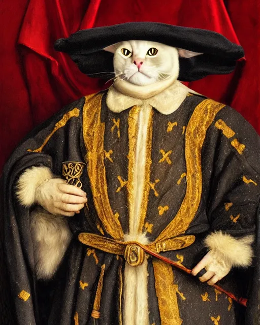 Image similar to fat dark gray cat with yellow eyes dressed like henry viii, tudor period robes in scarlet gold black, tudor bonnet, luxurious, opulent, regal, royal portrait, hans holbein the younger, greg rutkowski