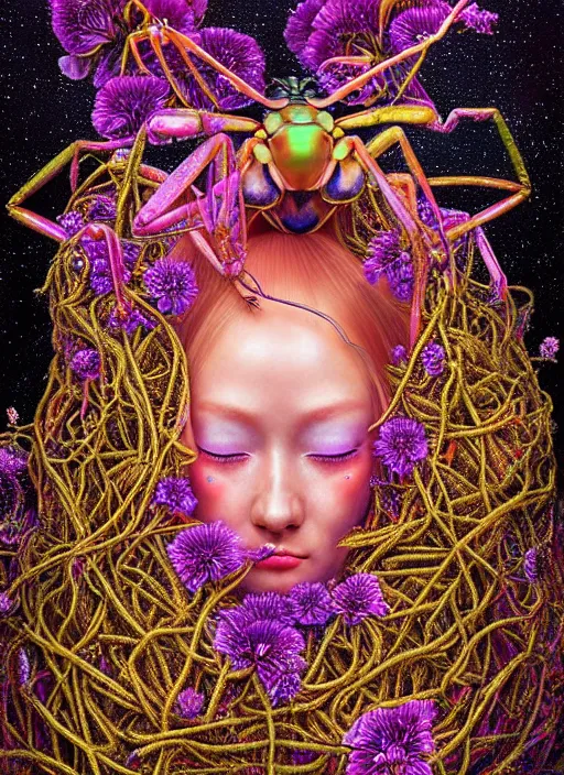 Image similar to hyper detailed 3d render like a Oil painting - kawaii half visceral portrait Aurora (gold haired Singer Praying Mantis Dragonfly) seen Eating of the Strangling network of yellowcake aerochrome and milky Fruit and Her gilded compound eyes delicate Hands hold of gossamer polyp blossoms bring iridescent fungal flowers whose spores black the foolish stars by Jacek Yerka, Mariusz Lewandowski, Houdini algorithmic generative render, Abstract brush strokes, Masterpiece, Edward Hopper and James Gilleard, Zdzislaw Beksinski, Mark Ryden, Wolfgang Lettl, hints of Yayoi Kasuma, octane render, 8k