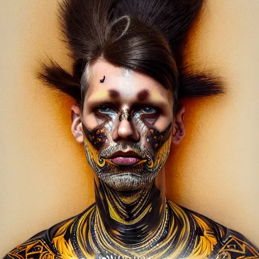 Image similar to an award finning closeup facial portrait by akseli kallen gallela luis rogyo and john howe of a bohemian male cyberpunk traveller clothed in excessivelyg fashionable 8 0 s haute couture fashion and wearing ornate art nouveau body paint