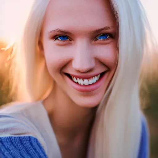 Prompt: beautiful portrait of a cute thin young woman smiling smugly, long light platinum blonde hair, flushed face, blue eyes, golden hour, 8 k, portra 4 0 0