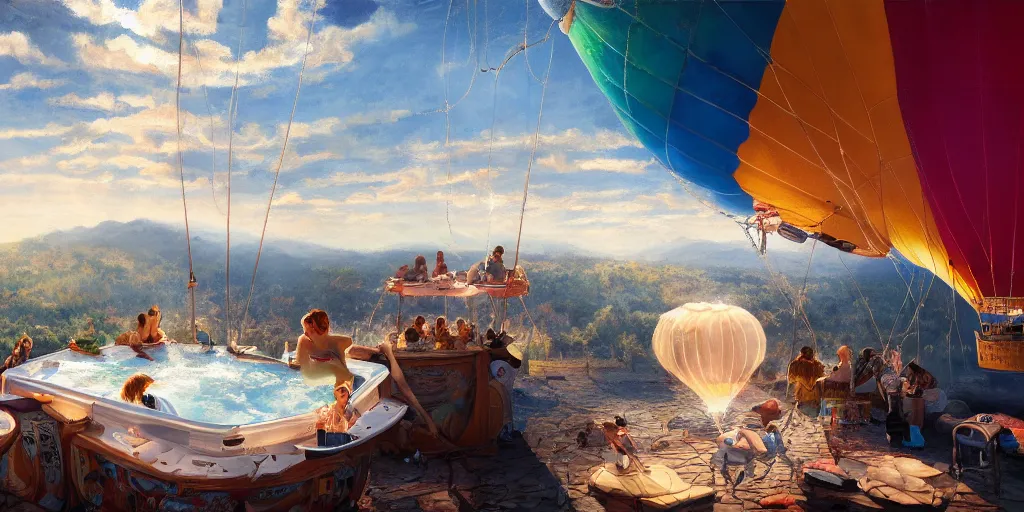 Image similar to a jacuzzi in a hot air balloon, cinematic lighting, detailed oil painting, hyperrealistic, 8k