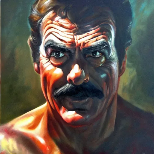 Image similar to ultra realistic portrait painting of tom selleck as freddy krueger, art by frank frazetta, 4 k, ultra realistic, highly detailed, epic lighting