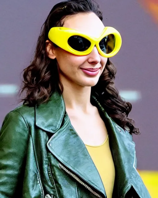 Image similar to headshot of gal gadot wearing a leather cap and aviator goggles, he is also wearing an yellow leather jacket, a long green silk scarf wrapped around her neck