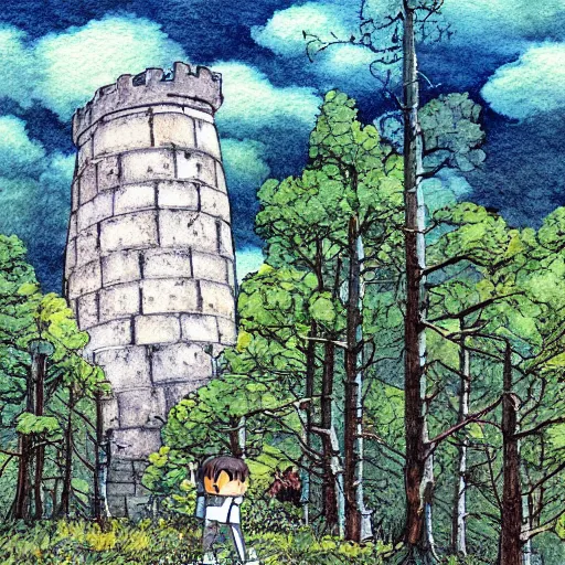 Image similar to laputa castle in the sky robot hayao miyazaki walks in a small clearing among trees, watercolor illustration for a book