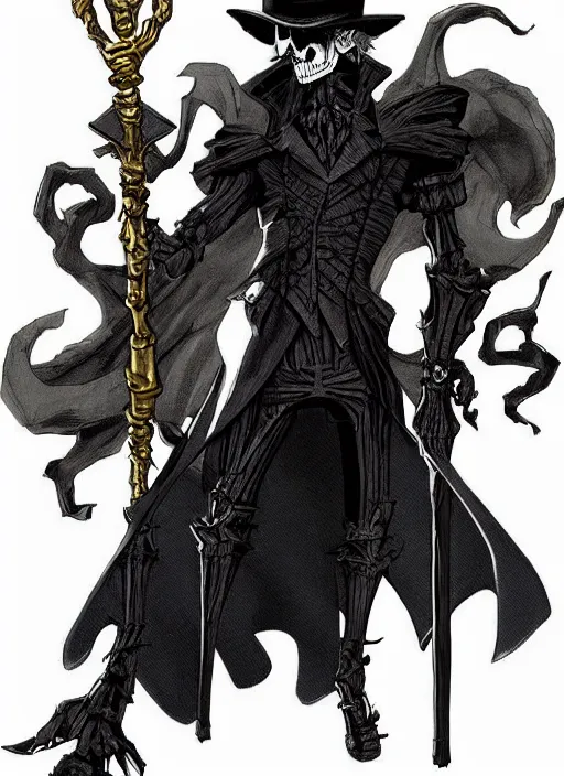 Prompt: DND character art, skeletal male figure, wearing a deep black suit!!! and tie and top hat, holding a gold! cane!. blue!!! flames!!