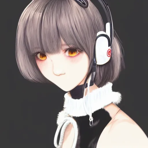 Image similar to realistic beautiful gorgeous natural cute Blackpink Lalisa Manoban black hair fur black cat ears, wearing white camisole summer outfit, headphones, black leather choker artwork drawn full HD 4K highest quality in artstyle by professional artists WLOP, Aztodio, Taejune Kim, Guweiz on Pixiv Artstation