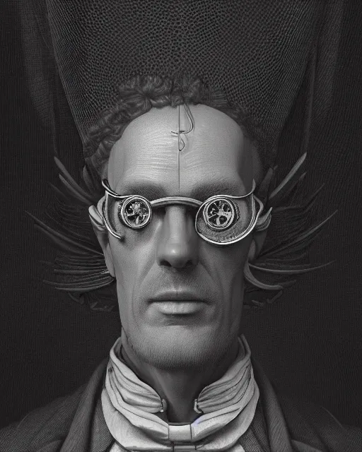 Image similar to mysterious portrait of victorian man scientist, steampunk, highly detailed, intricate details, cinematic lighting, 8k resolution, unreal engine 5, octane render, symmetry, hyperrealistic, photorealistic, by giger and beksinski