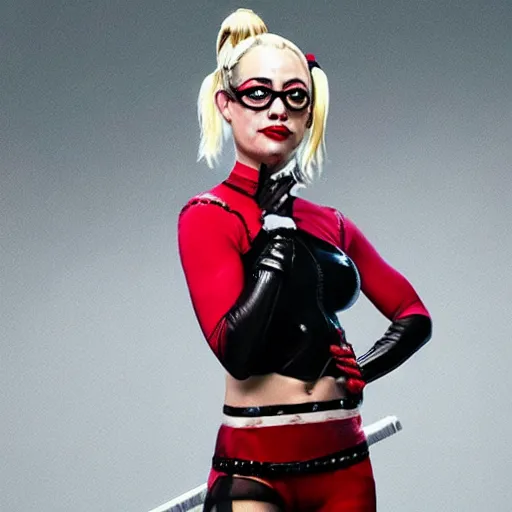 Image similar to A still of Kaley Cuoco as Harley Quinn, full-figure