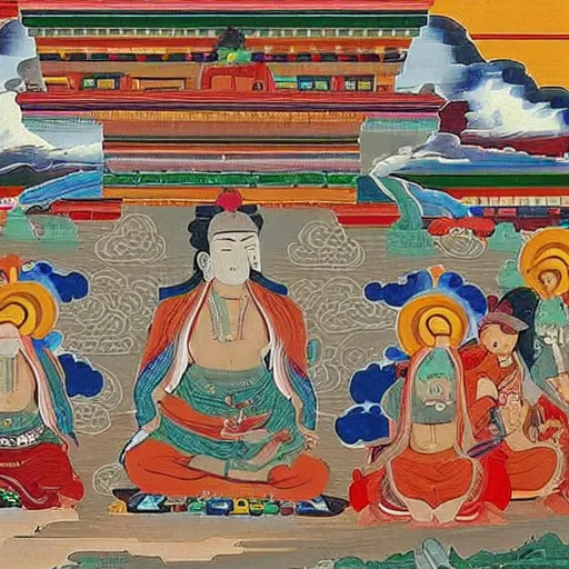 Prompt: tibetan mural of people trying to figure out why the wifi isn't working