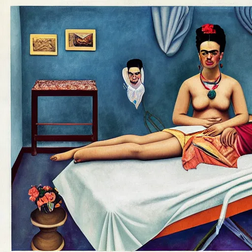 Prompt: frida kahlo wrapped in bandages lying in a hospital bed with paint set painting on the bandages, tubes and equipment around the bed by fernando botero