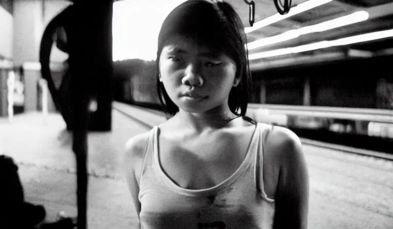 Prompt: A Filipino girl waits for a train, 35mm film, by Gregg Araki