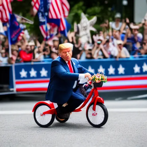 Image similar to Donald Trump falling off a tricycle, Canon EOS R3, f/1.4, ISO 200, 1/160s, 8K, RAW, unedited, symmetrical balance, in-frame