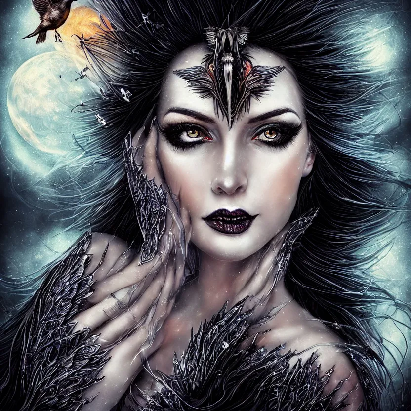 Image similar to close up portrait on the enchanting femenine witch, hyper attractive, seductive, very complex, hyper-maximalist, overdetailed, legendary cinematic, darkfantasy, archetype with timeless beauty breathtaking eyes & glowing wings, collossal moon rising behind her with bird shadows, highly intricate, digital art, very elegant, HDR 8K, biblical art, realism, incomprehensible yet perspicious detail, unbeatable quality, silent hill aesthetic, photorealistic, lifelike, DSLR 8k, unbeatable coherency, Omnious intricate, octane render, created Nixeu & z--ed from deviantart