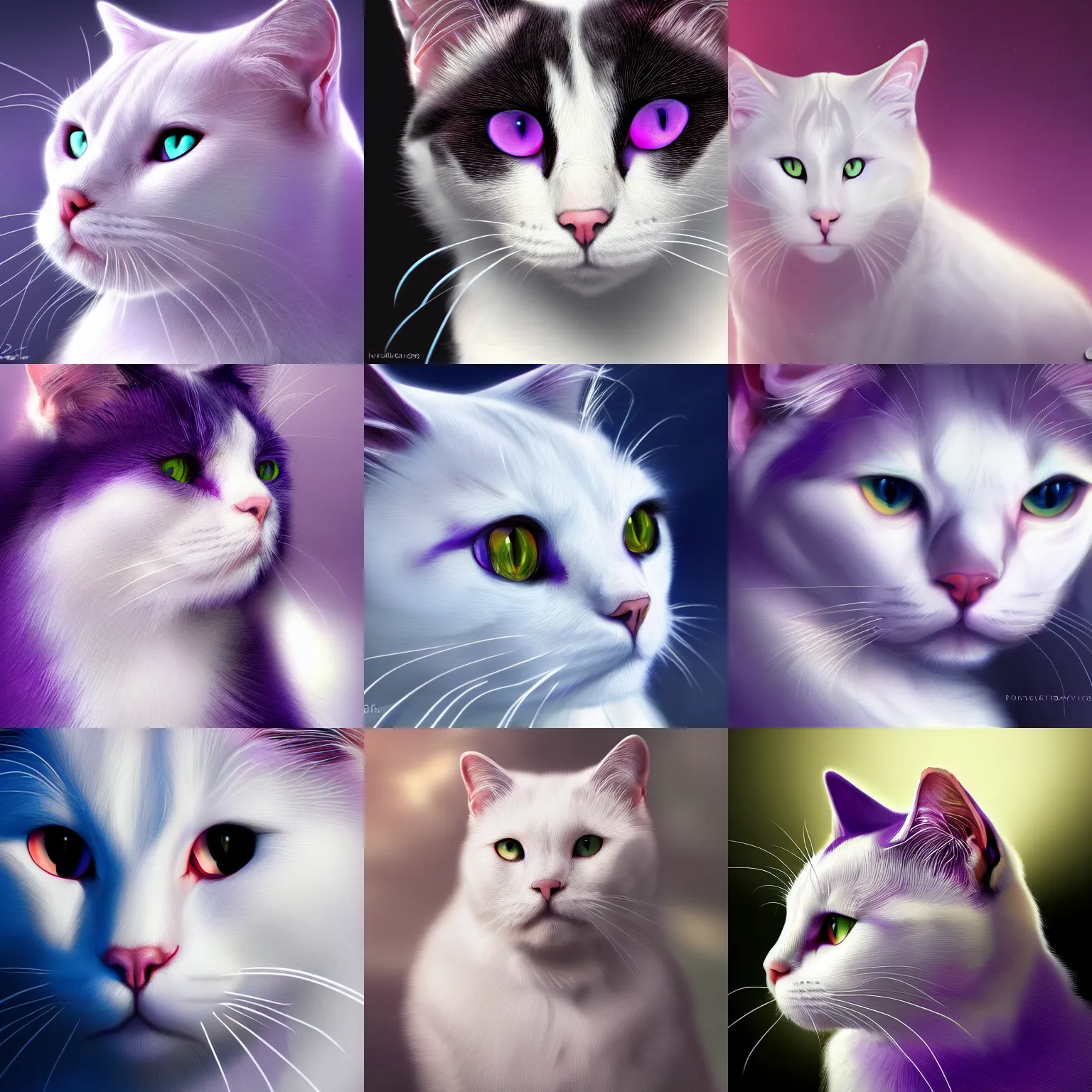 Prompt: portrait of a white cat with purple eyes. closeup, profile, intense. lighting, bloom. fantasy, digital painting, hd, 4 k, detailed.