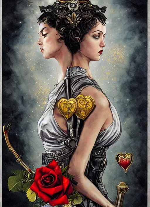 Image similar to tarot card :: horror :: hearts and roses :: gold and silver :: guns and swords :: Sandra Chevrier and bastien lecouffe deharme