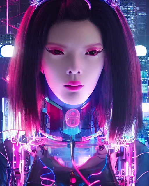 Prompt: a portrait of a beautiful cyberpunk geisha robot, ghost in the shell geisha robot, by wlop, by rossdraws, by dylan kowalski, motherboard, circuitry, wires, neon lights, micro detail, octane render, sci - fi, intricate, 8 k, cgsociety