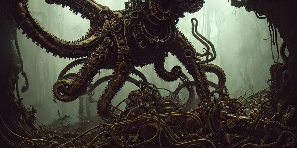 Prompt: biomechanical steampunk creature with robotic parts and big octopus head and (glowing) eyes guarding an ancient lush cave in a mystic forest, gothic and baroque, brutalist architecture, ultradetailed, creepy ambiance, fog, artgerm, giger, Intricate by Ellen Jewett and Josan Gonzalez and Giuseppe Arcimboldo