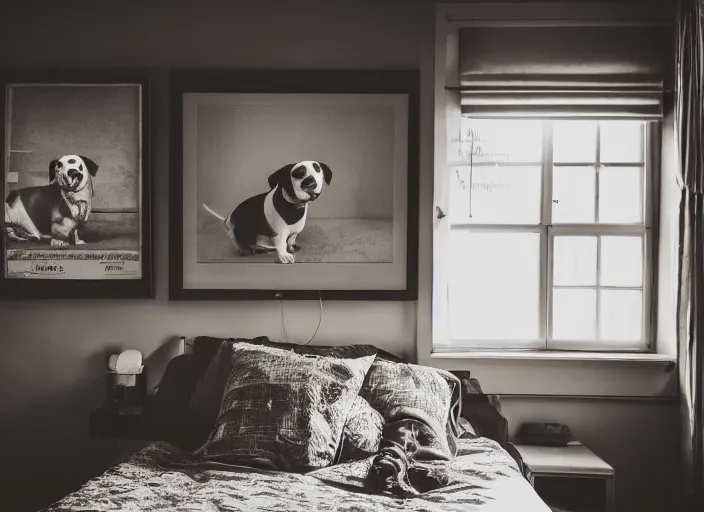 Image similar to photography of a Jack Russel . watching outside the window. on a bed. in a vintage room full of vinyls and posters.,volumetric light, photorealistic,, award winning photo, 100mm, sharp, high res