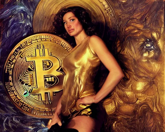 Image similar to attractive woman posing in front of a huge golden bitcoin, commercial by annie liebovitz, gaston bussiere, craig mullins, j. c. leyendecker