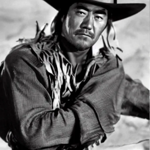 Prompt: still of toshiro mifune in a cowboy outfit, wild west