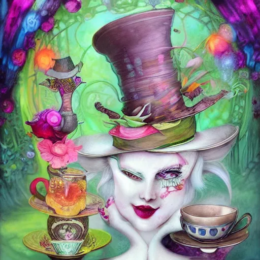 Image similar to the mad hatter from alice in wonderland having a tea party by anna dittmann, highly detailed, bright tones