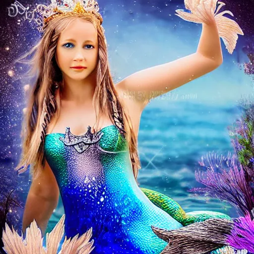 Prompt: an extremely realistic photoart of a fantastic realistic mermaid with an ultra perfect and ultra detailed wild face with beautiful, ultra detailed wild blue eyes a fantastic crown of diamons and a galaxy realistic tail, wearing a two-piece swimsuit full art