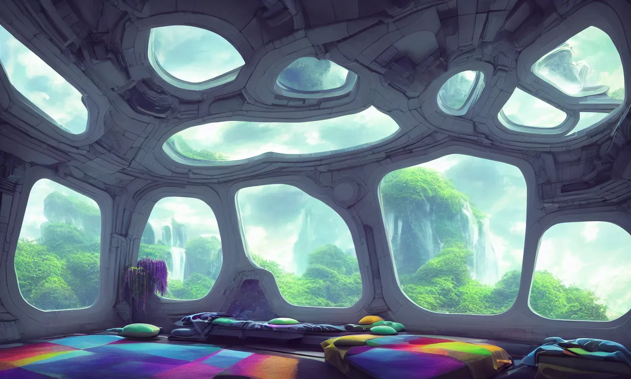 Prompt: cozy space inside of a spaceship for humans, massive windows to space, colorful detail, some straight edges, natural, plants, water features, waterfalls, 4 k, transcendent, trending on artstation, photorealistic, award winning, hyper detailed, rule of thirds, dramatic, volumetric lighting, octane render