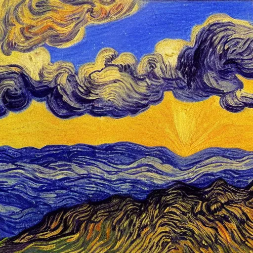 Prompt: beautiful morning sunrise as clouds breeze through the sky, highly detailed, by Van Gough