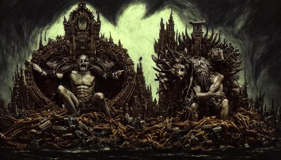 Image similar to highly detailed dark rotting god god sitting on a throne of bodies, night, death, fear, horror, religion, in style of minecraft, cyberpunk, by caravaggio, hyperrealism, detailed and intricate environment